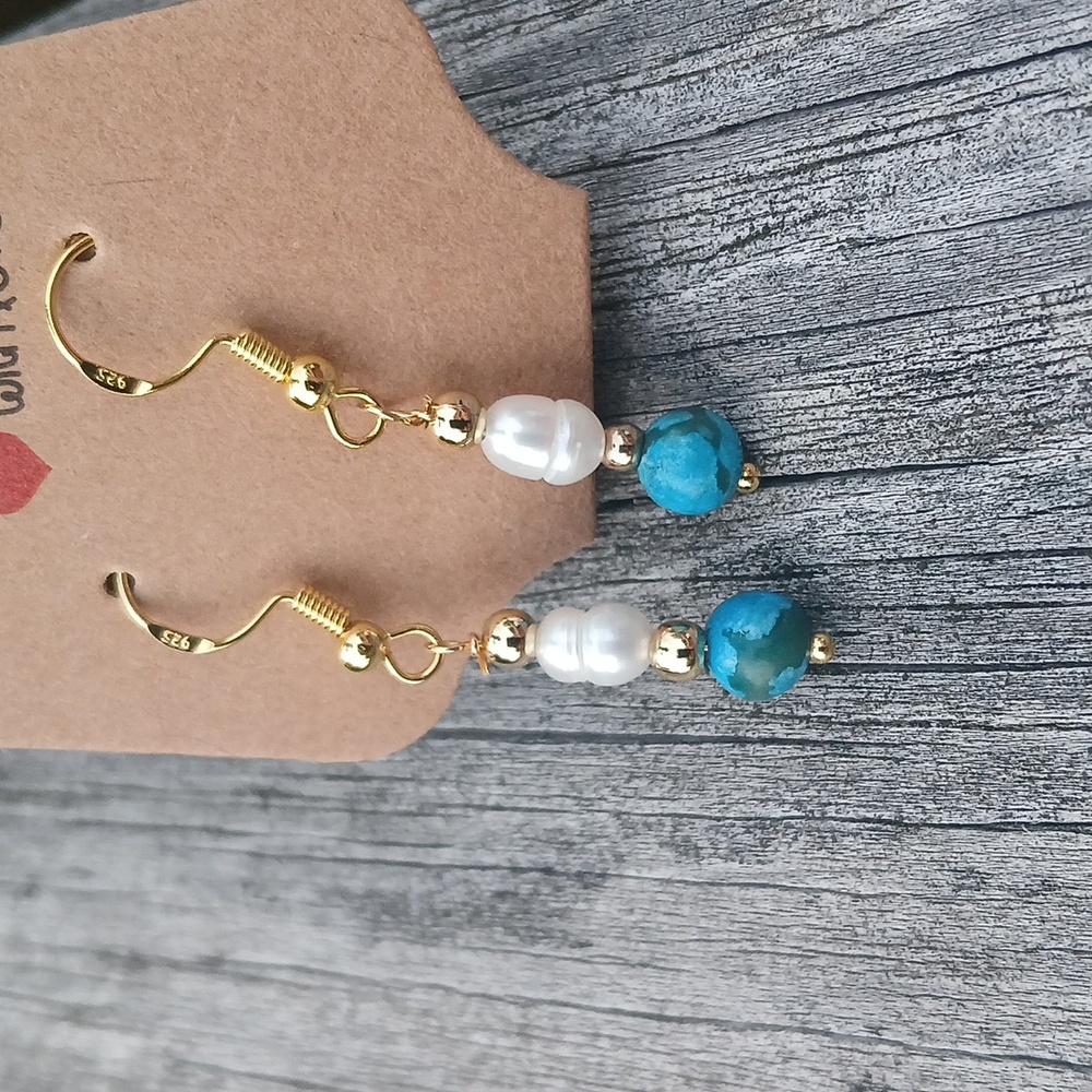 Turquoise & Pearl Dangle Earrings - Picture 4 of 4